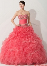 Princess Coral Red Sweet 16 Dress with Beading and Ruffle