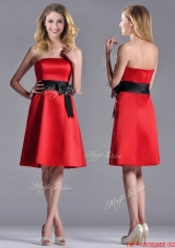 Exclusive Empire Satin Knee Length Bridesmaid Dress with Black Bowknot