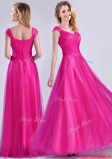 Exclusive Organza Beaded Top Hot Pink Bridesmaid Dress with Cap Sleeves