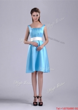 Simple Belted and Ruched Aqua Blue Bridesmaid Dress in Knee Length