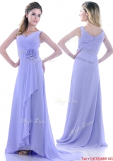 Brush Train Lavender Prom Dress with Beading and Hand Crafted Flower