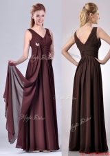 Simple Empire V Neck Chiffon Long Mother of Bride Dress in Brown