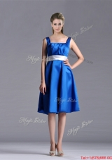 Exquisite Empire Square Taffeta Blue Christmas Party Dress with White Belt