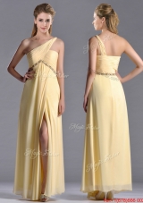 Exquisite One Shoulder Yellow Christmas Party Dress with Beading and High Slit
