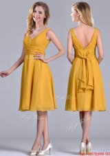 Latest Empire V Neck Ruched Gold Christmas Party Dress in Chiffon