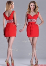 Lovely Beaded Decorated Waist V Neck Prom Dress in Red