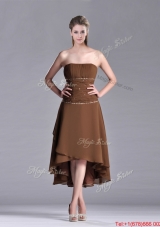 Lovely Beaded Strapless High Low Brown Prom Dress in Chiffon