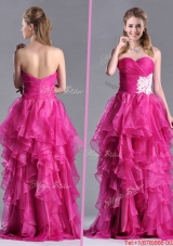 Lovely Brush Train Fuchsia Prom Dress with Appliques and Ruffles