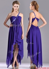 Lovely High Low One Shoulder Criss Cross Prom Dress with Beading