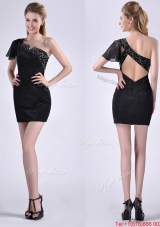 Lovely One Shoulder Black Prom Dress with Beaded Decorated Criss Cross