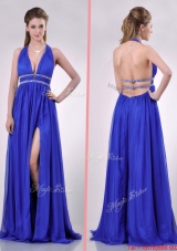 New Halter Top Blue Backless Christmas Party Dress with Beading and High Slit