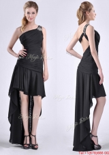 Romantic High Low One Shoulder Black Christmas Party Dress with Criss Cross