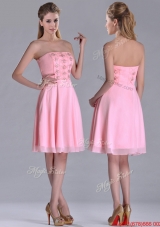 Latest Side Zipper Strapless Pink Short Christmas Party Dress with Beaded Bodice