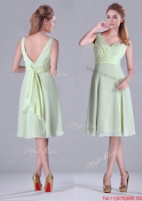 Popular Tea Length Ruched and Belted Bridesmaid Dress in Yellow Green