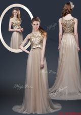 Luxurious Brush Train Prom Dresses with Appliques and Bowknot