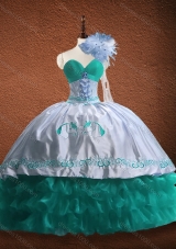 Elegant Embroidered and Patterned Organza and Taffeta In Stock Quinceanera Dress in Turquoise and White