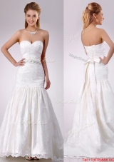 Elegant Mermaid Beaded and Bowknot Laced Wedding Dress with Brush Train