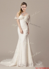 Cheap Mermaid V Neck Court Train Short Sleeves Wedding Dresses with Lace and Appliques