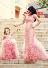 Exclusive Column Long Sleeves Lovely Prom Dress with Brush Train and Affordable Ruffled and Laced Little Girl Dress in Watermelon Red