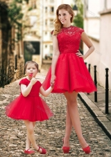 Feminine High Neck Backless Lovely Prom Dress in Red and Beautiful Mini Length Little Girl Dress with Cap Sleeves