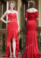 Cheap Column High Low Red Bridesmaid Dress with Brush Train