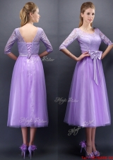 2016 Cheap See Through Scoop Half Sleeves Bridesmaid Dress with Bowknot