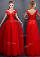 Classical Beaded V Neck Red Bridesmaid Dress with Cap Sleeves