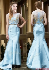 Modest Mermaid Applique Brush Train Bridesmaid Dress in Light Blue