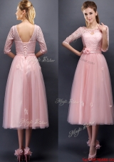 2016 Comfortable Scoop Half Sleeves Prom Dresses  with Hand Made Flowers and Appliques