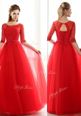 2016 See Through Scoop Half Sleeves Red Prom Dresse with Lace and Belt