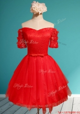 Comfortable Off the Shoulder Short Sleeves Red Dama Dresses  with Appliques and Belt