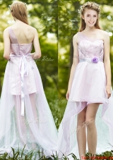 Comfortable One Shoulder High Low Prom Dresses  with Sashes and Lace
