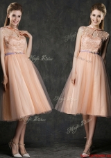 Popular High Neck Peach Prom Dresses  with Sashes and Lace