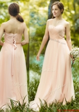 See Through One Shoulder Peach  Prom Dresses in Floor Length