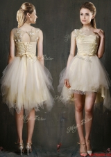 See Through Scoop Champagne Prom Dresses  with Appliques and Belt