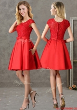 2016 Gorgeous Scoop Cap Sleeves Red Prom Dresses  with Lace and Bowknot