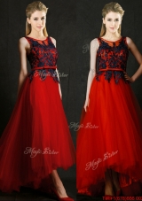 2016 Perfect High Low Belted and Black Applique Prom Dresses  in Red