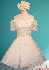 Beautiful White Off the Shoulder Short Sleeves Prom Dresses  with Appliques and Beading