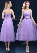 Discount Tea Length Tulle Lavender Prom Dresses  with Belt