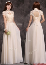Hot Sale High Neck Champagne Prom Dresses  with Appliques and Lace