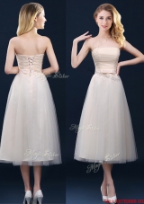 Low Price Strapless Belt Champagne Long Prom Dresses  in Tulle