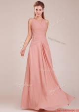 Modest Ruched Decorated Bodice Peach Prom Dresses  with V Neck