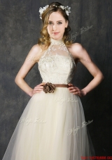 Sweet High Neck Champagne Prom Dresses with Hand Made Flowers and Lace