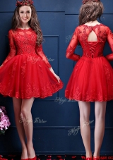 Classical Scoop Three Fourth Length Sleeves Short  Mother of Bride Dresses with Beading and Lace