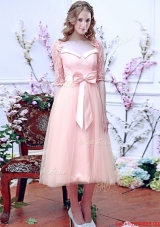 Comfortable Square Half Sleeves Bowknot Mother of Bride Dresses  in Baby Pink