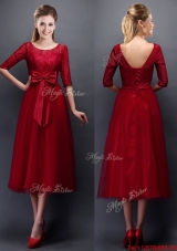 Gorgeous Scoop Half Sleeves Bowknot Mother of Bride Dresses  in Wine Red