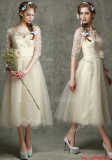 See Through Scoop Half Sleeves Mother of Bride Dresses with Hand Made Flowers and Lace