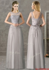 Cheap See Through Scoop Grey Long Mother of Bride Dresses  with Appliques