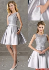 Classical Laced and Bowknot Scoop Mother of Bride Dresses in Silver