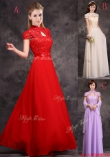 Discount High Neck Applique and Laced Bridesmaid Dress with Cap Sleeves